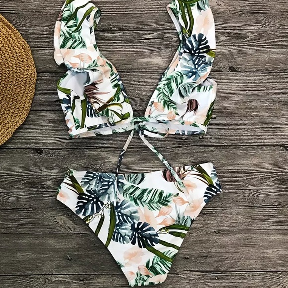 Palm Ruffle High Waist Tropical Monstera Bikini - Picture 7 of 7